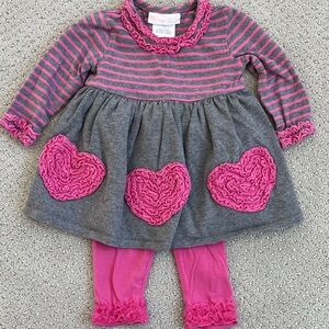 🩷 Bonnie Baby Pink and Gray Striped Dress with Heart Accents pants set ruffle